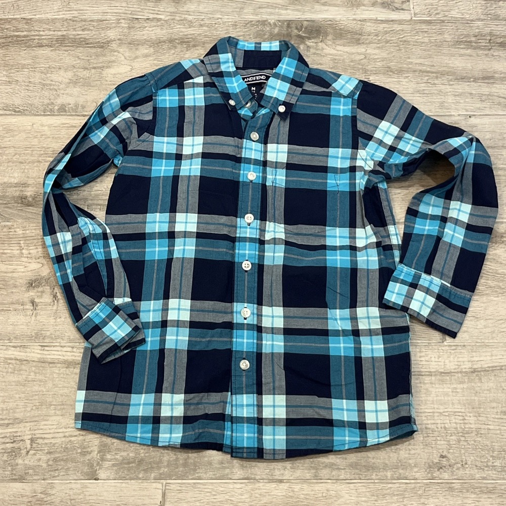 Lands' End Kids Boys Teal Navy Blue Plaid Button Up Long Sleeve Shirt Sz M (5-6)